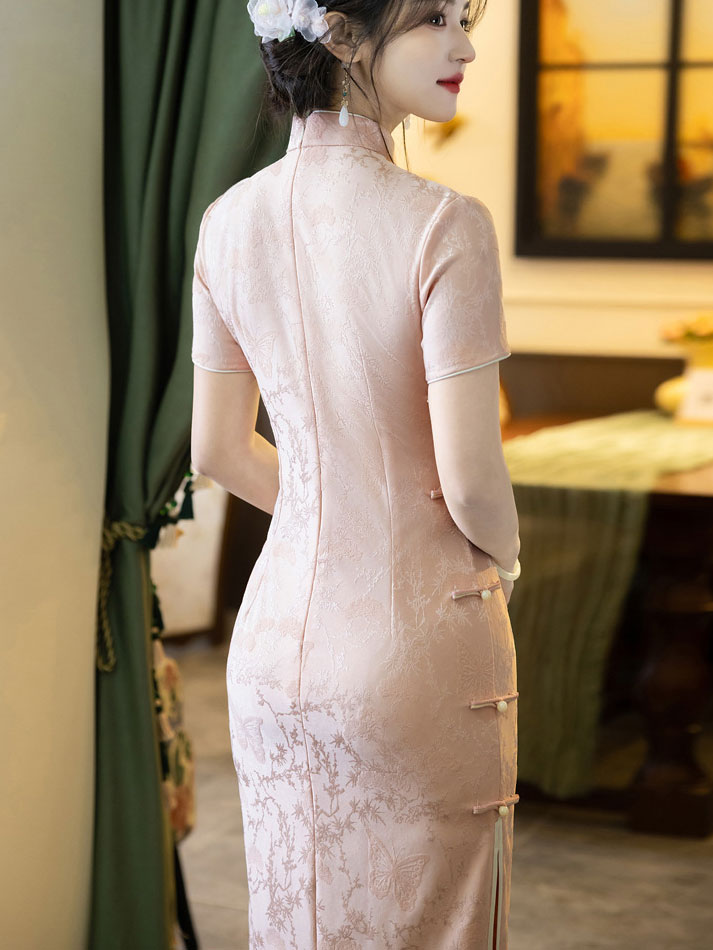 Pink Floral Long Cheongsam Qipao Dress