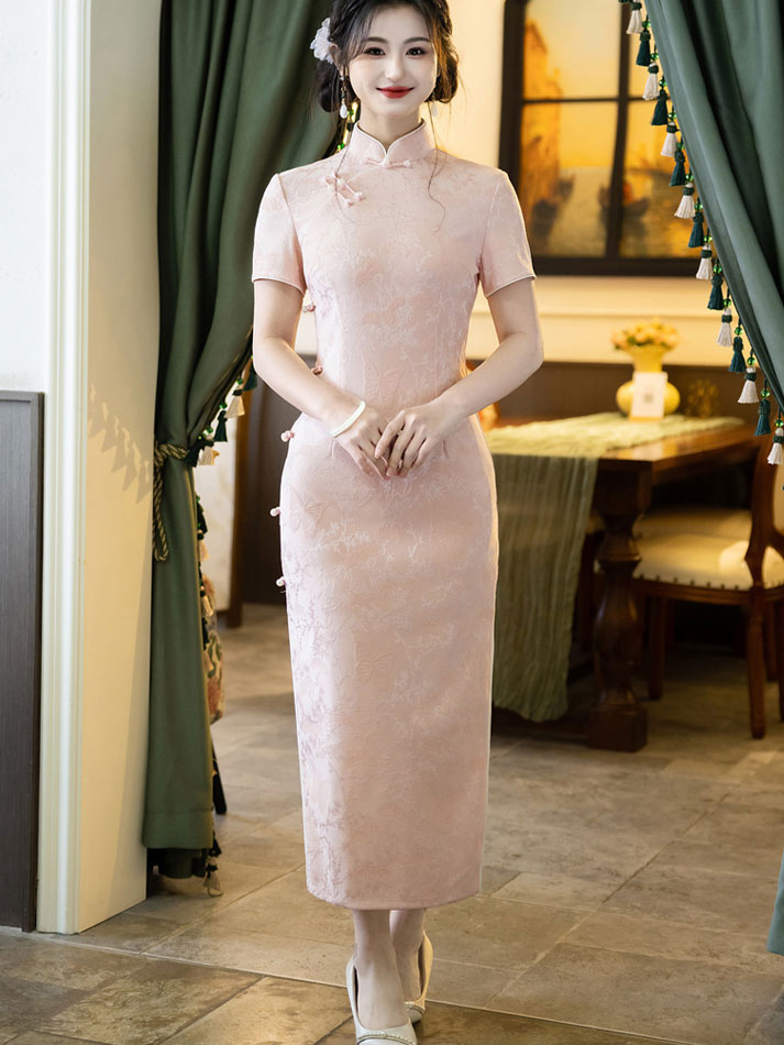 Pink Floral Long Cheongsam Qipao Dress