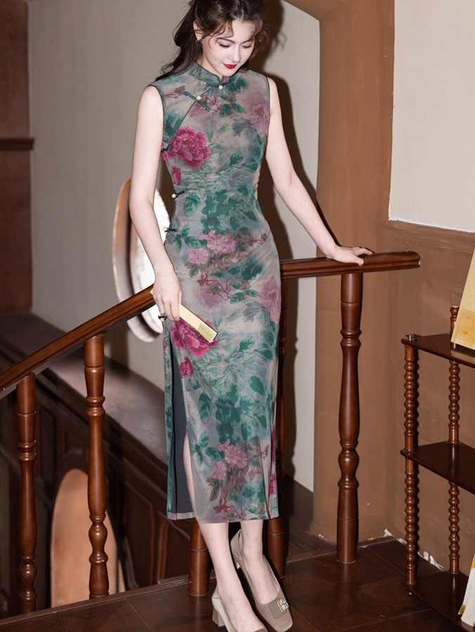 Green Floral Sleeveless Long Cheongsam Qipao Dress