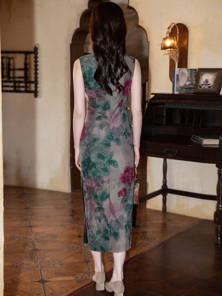 Green Floral Sleeveless Long Cheongsam Qipao Dress