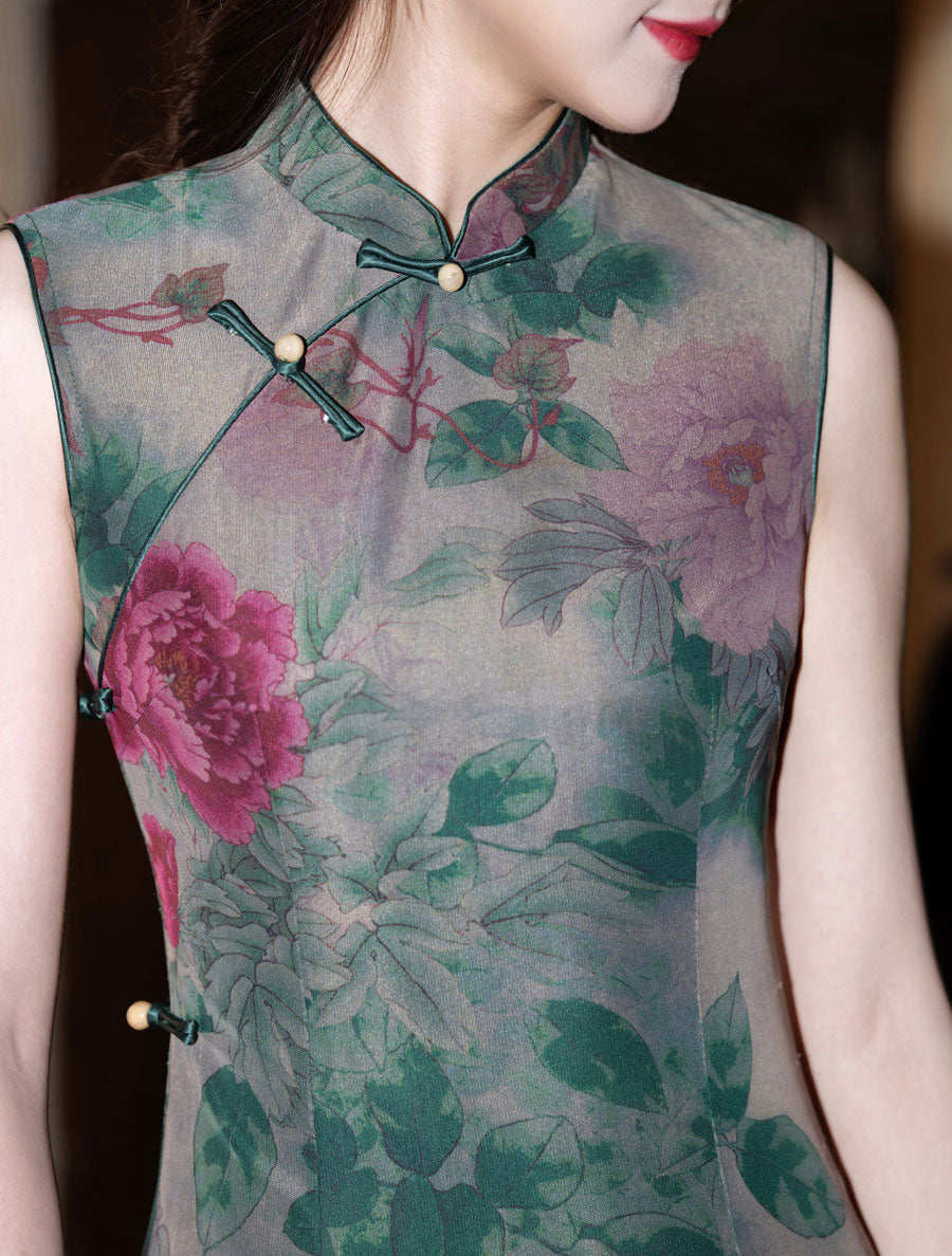 Green Floral Sleeveless Long Cheongsam Qipao Dress
