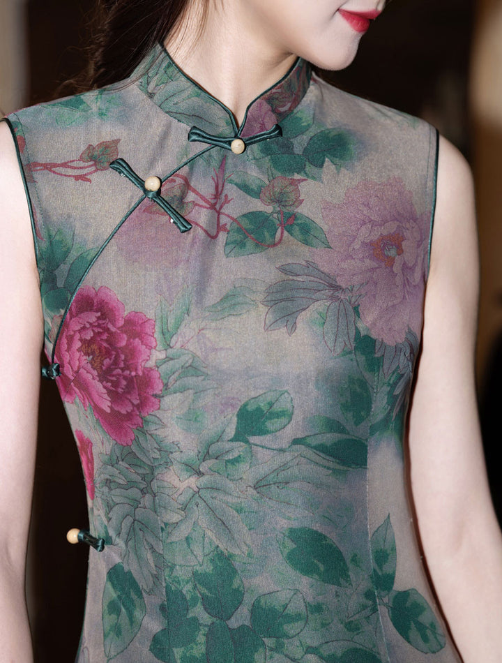 Green Floral Sleeveless Long Cheongsam Qipao Dress
