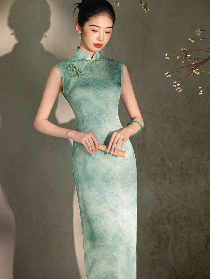 Green Floral Print Sleeveless Cheongsam Qipao Dress