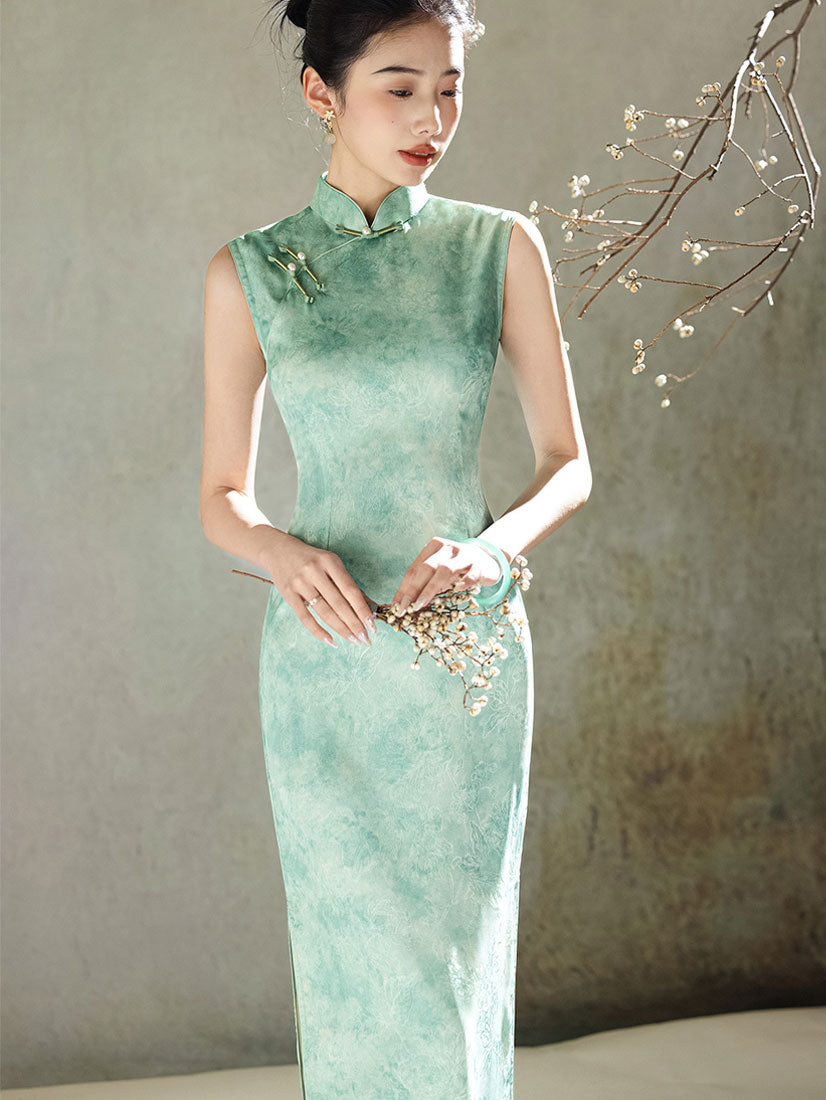 Green Floral Print Sleeveless Cheongsam Qipao Dress