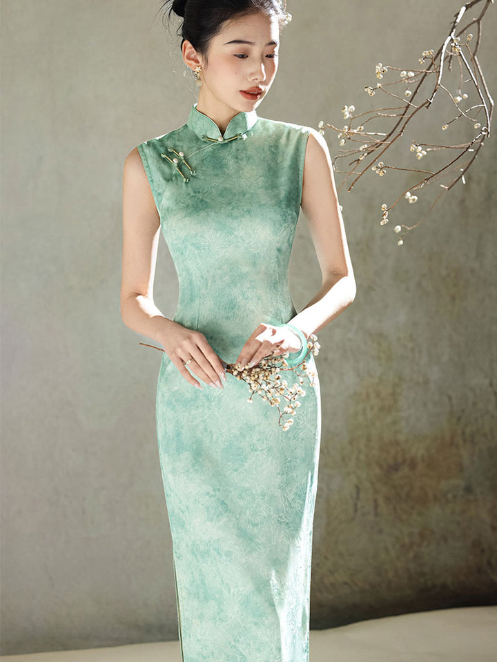 Green Floral Print Sleeveless Cheongsam Qipao Dress