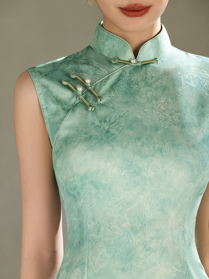 Green Floral Print Sleeveless Cheongsam Qipao Dress