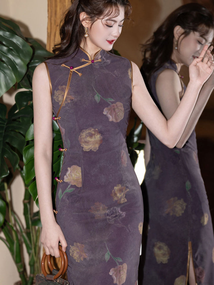 Purple Floral Sleeveless Cheongsam Qipao Dress