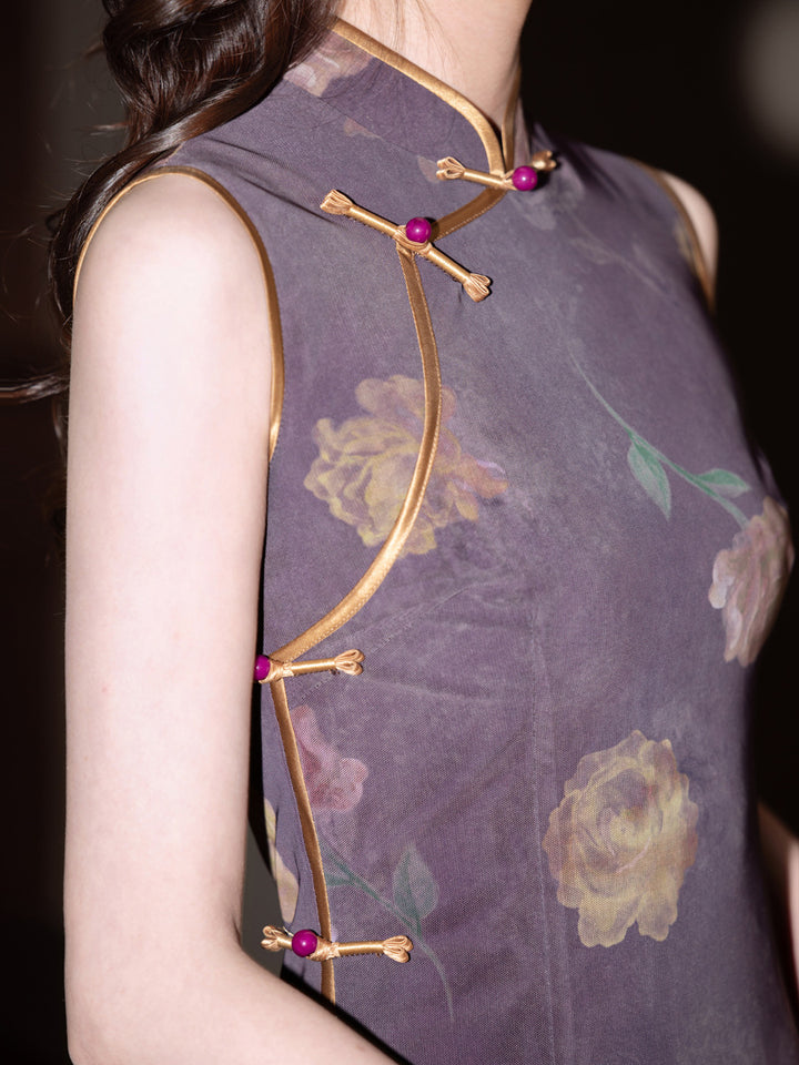 Purple Floral Sleeveless Cheongsam Qipao Dress
