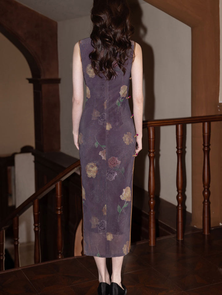 Purple Floral Sleeveless Cheongsam Qipao Dress