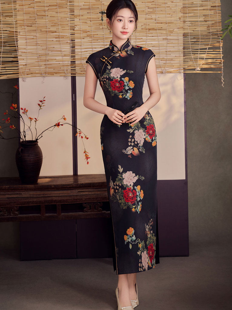 Black Floral Maxi Cheongsam Qipao Dress