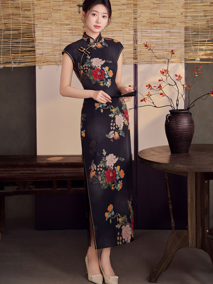 Black Floral Maxi Cheongsam Qipao Dress
