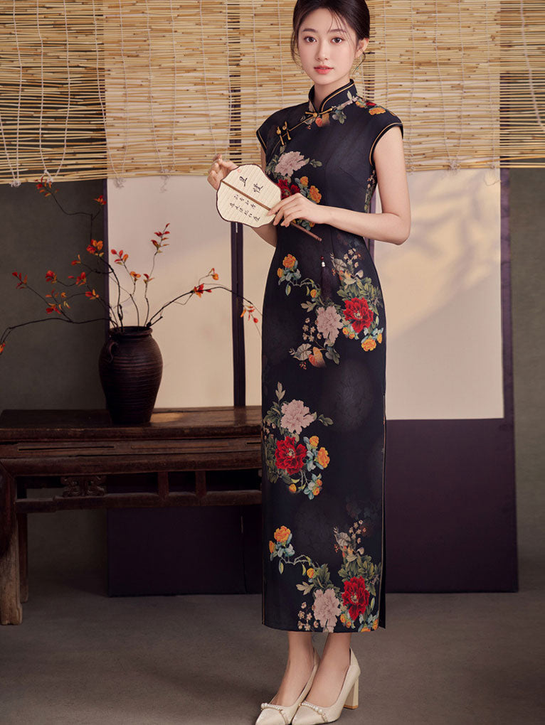 Black Floral Maxi Cheongsam Qipao Dress