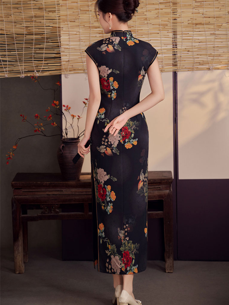 Black Floral Maxi Cheongsam Qipao Dress