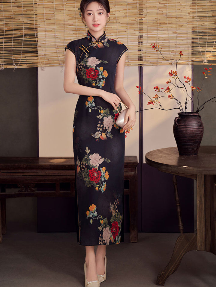 Black Floral Maxi Cheongsam Qipao Dress