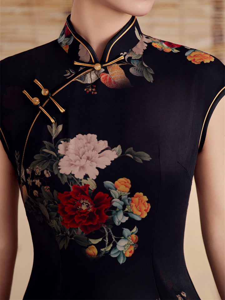 Black Floral Maxi Cheongsam Qipao Dress