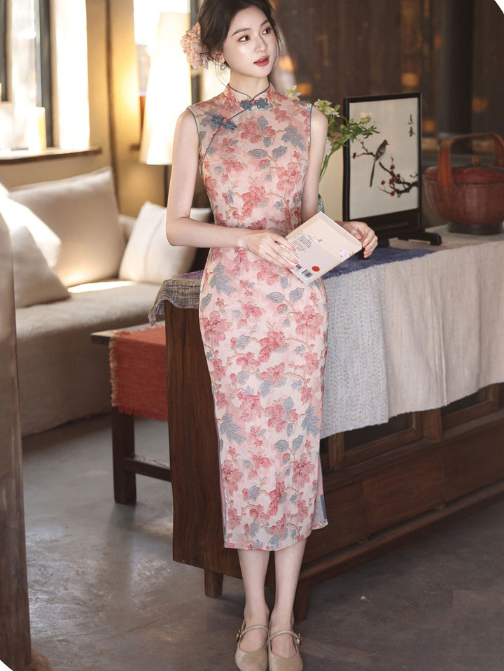 Pink Floral Sleeveless Cheongsam Qipao Dress