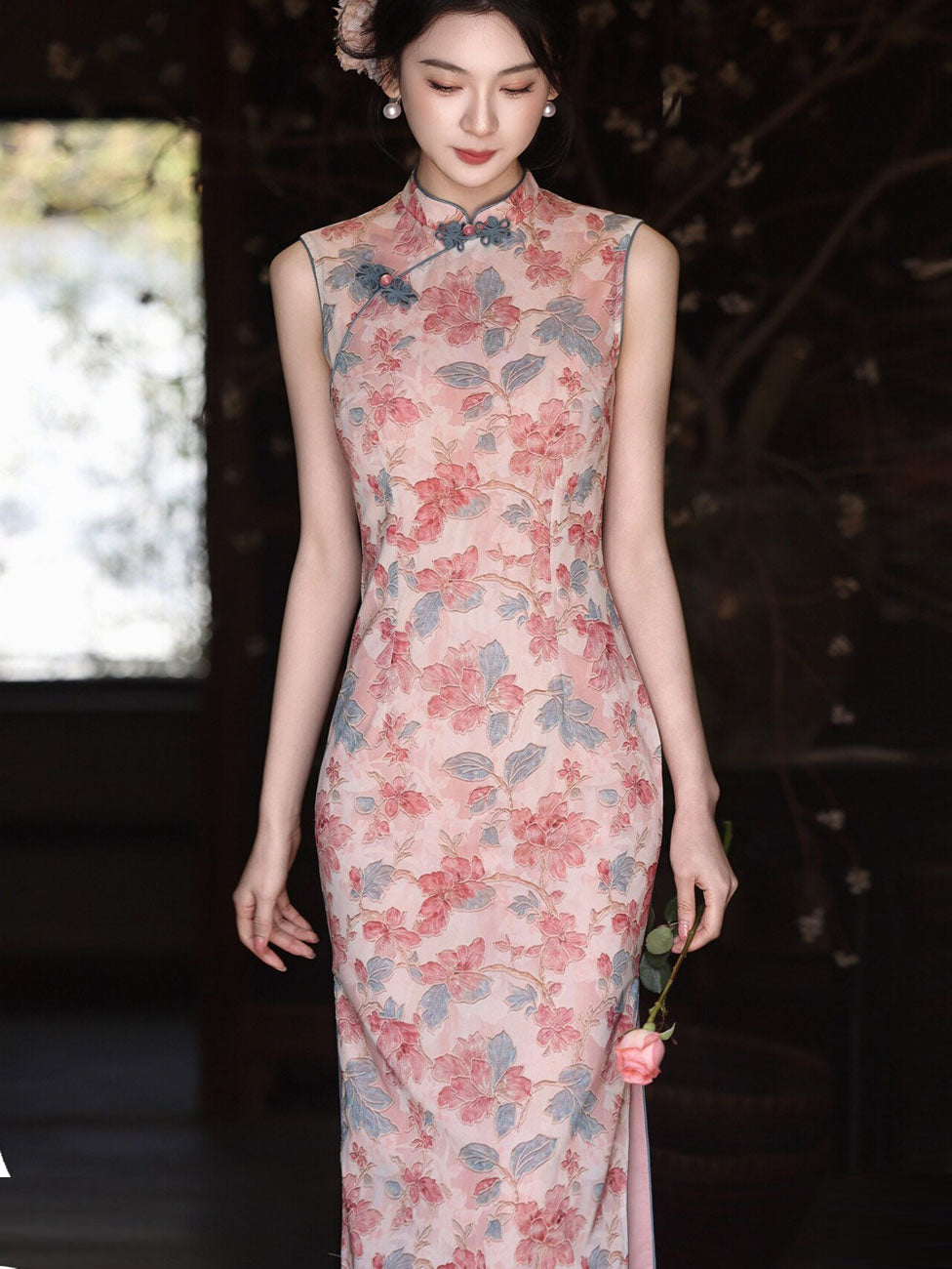 Pink Floral Sleeveless Cheongsam Qipao Dress