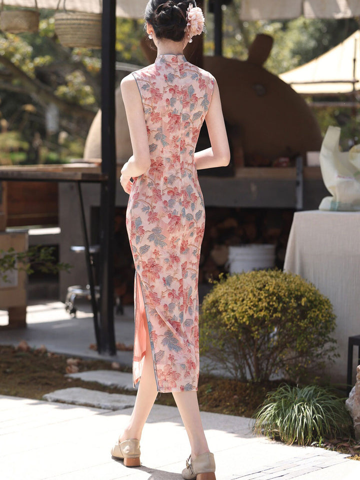 Pink Floral Sleeveless Cheongsam Qipao Dress