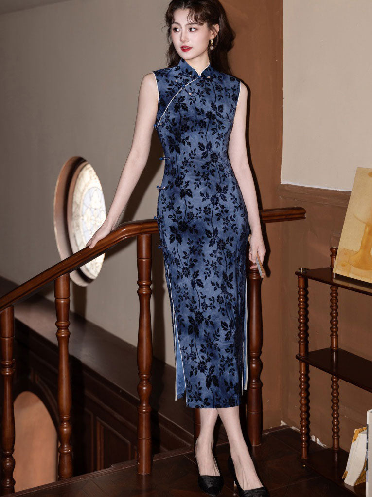 Blue Floral Velvet Sleeveless Cheongsam Qipao Dress