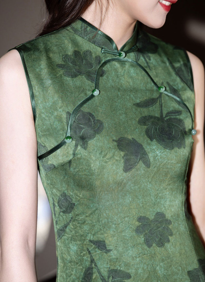 Green Floral Print Sleeveless Cheongsam Qipao Dress