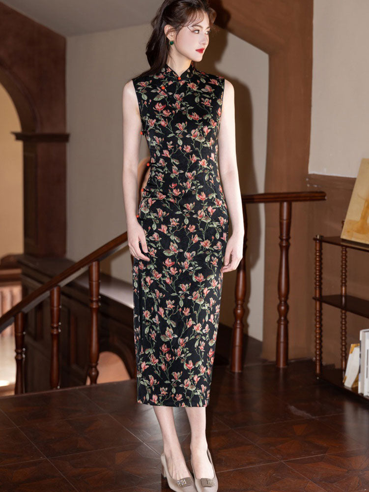 Blue Floral Print Sleeveless Cheongsam Qipao Dress