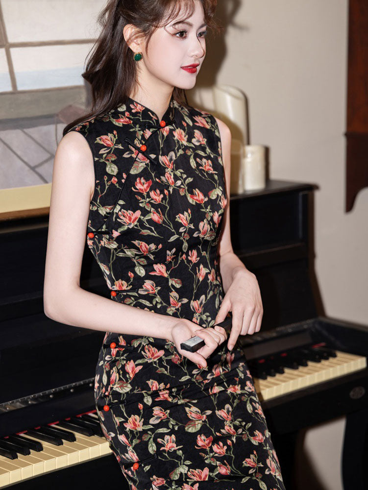 Blue Floral Print Sleeveless Cheongsam Qipao Dress