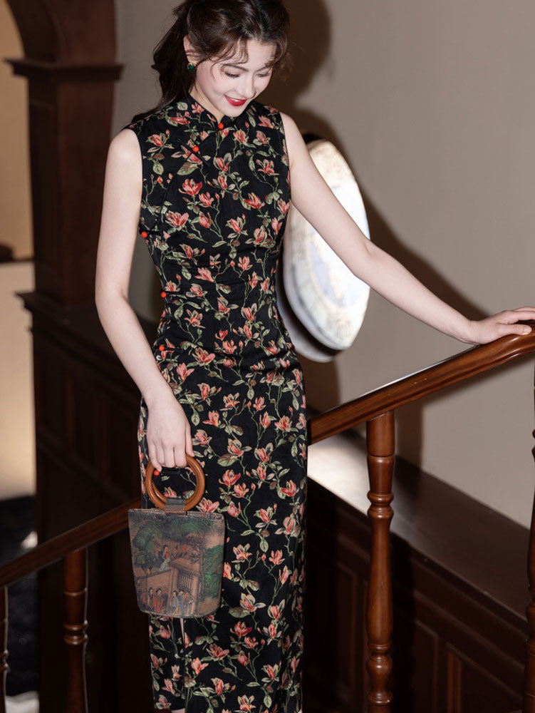 Blue Floral Print Sleeveless Cheongsam Qipao Dress