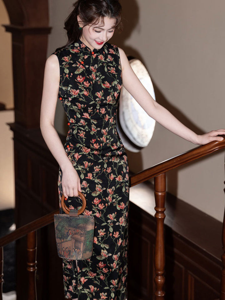 Blue Floral Print Sleeveless Cheongsam Qipao Dress