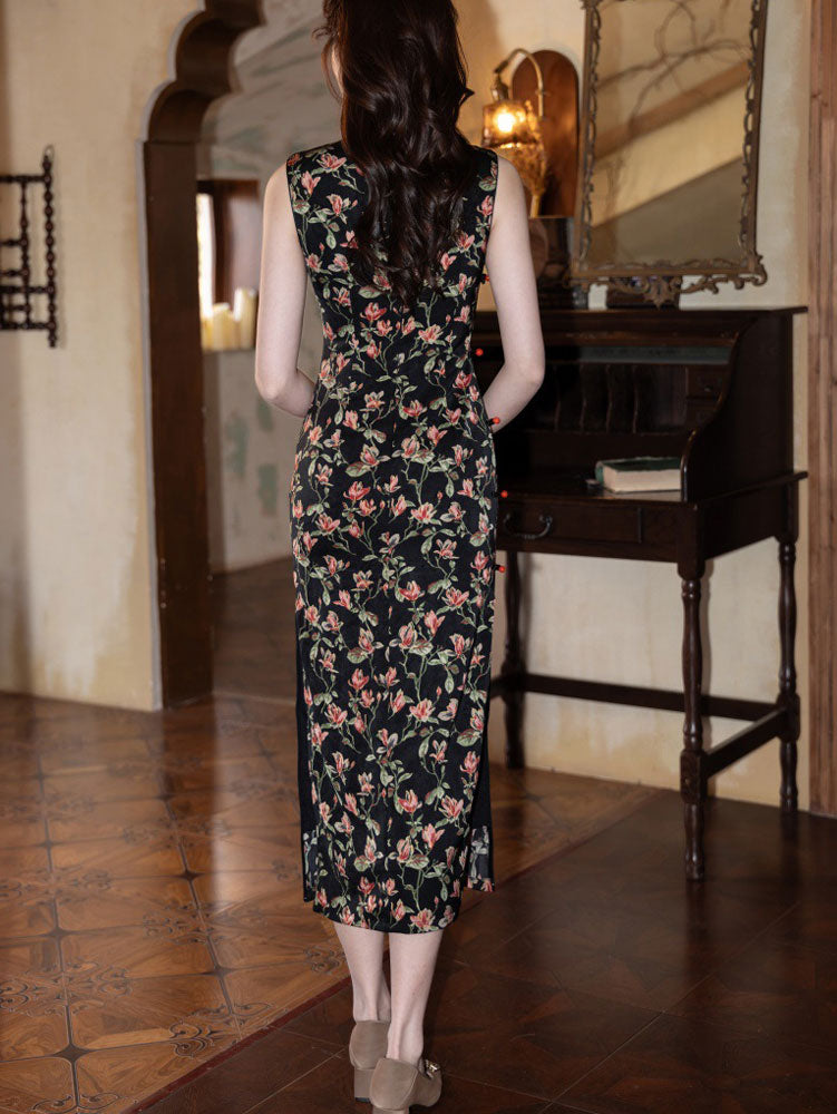 Blue Floral Print Sleeveless Cheongsam Qipao Dress