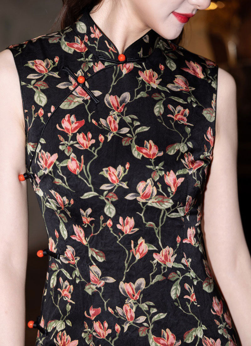 Blue Floral Print Sleeveless Cheongsam Qipao Dress