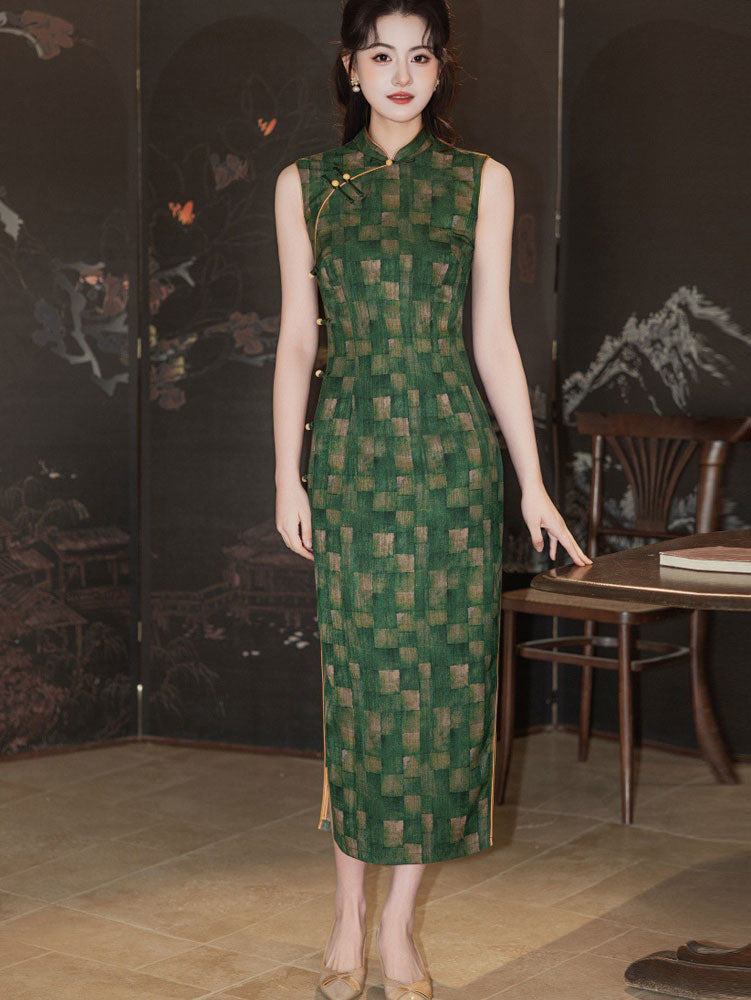 Green Plaid Sleeveless Cheongsam Qipao Dress