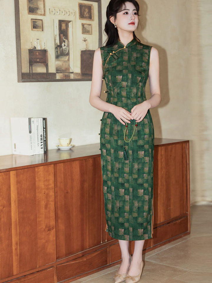Green Plaid Sleeveless Cheongsam Qipao Dress