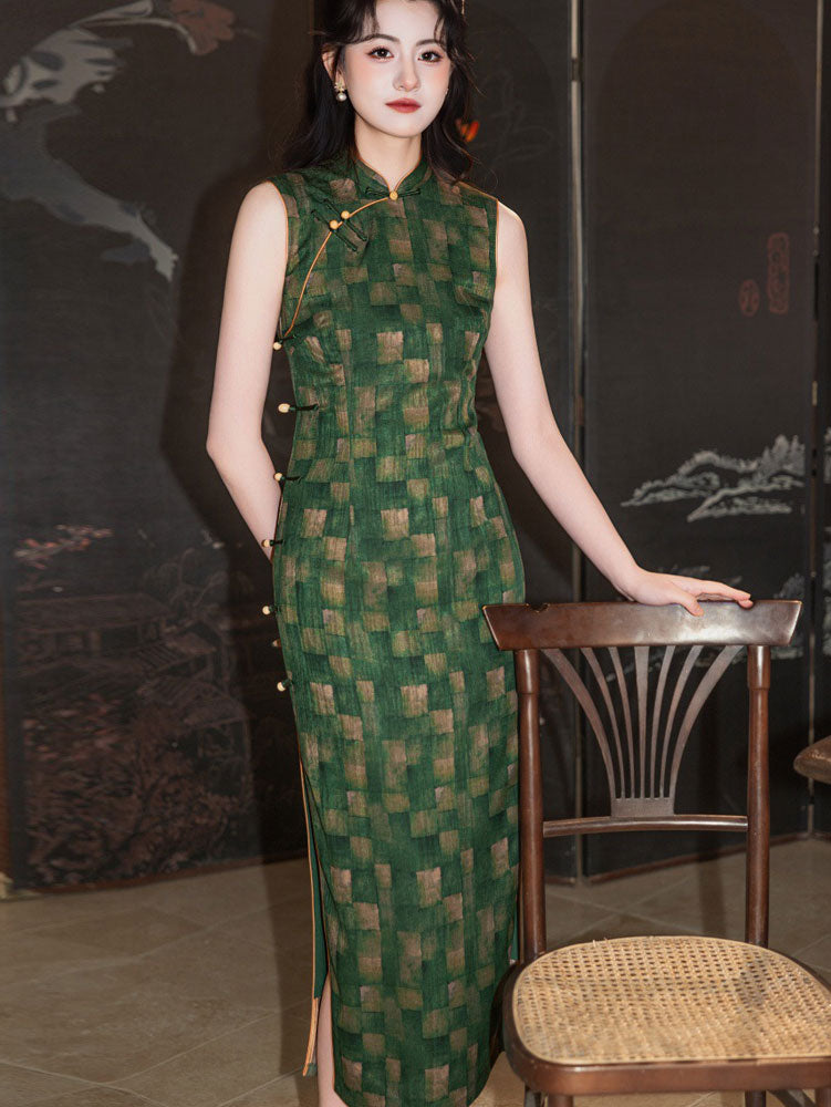 Green Plaid Sleeveless Cheongsam Qipao Dress