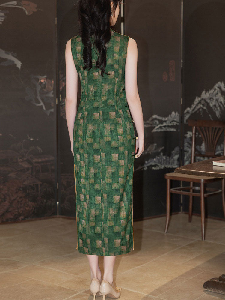 Green Plaid Sleeveless Cheongsam Qipao Dress
