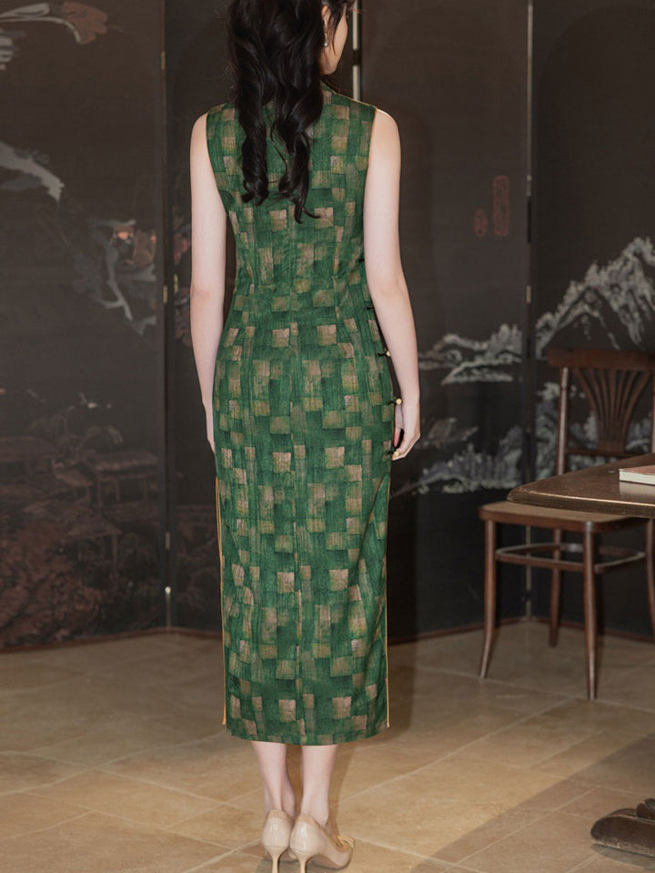 Green Plaid Sleeveless Cheongsam Qipao Dress