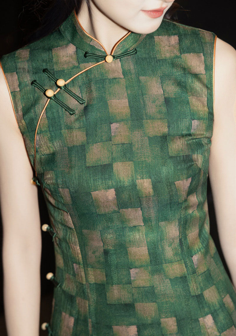 Green Plaid Sleeveless Cheongsam Qipao Dress