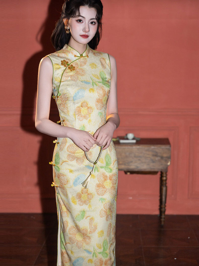 Yellow Floral Print Sleeveless Cheongsam Qipao Dress