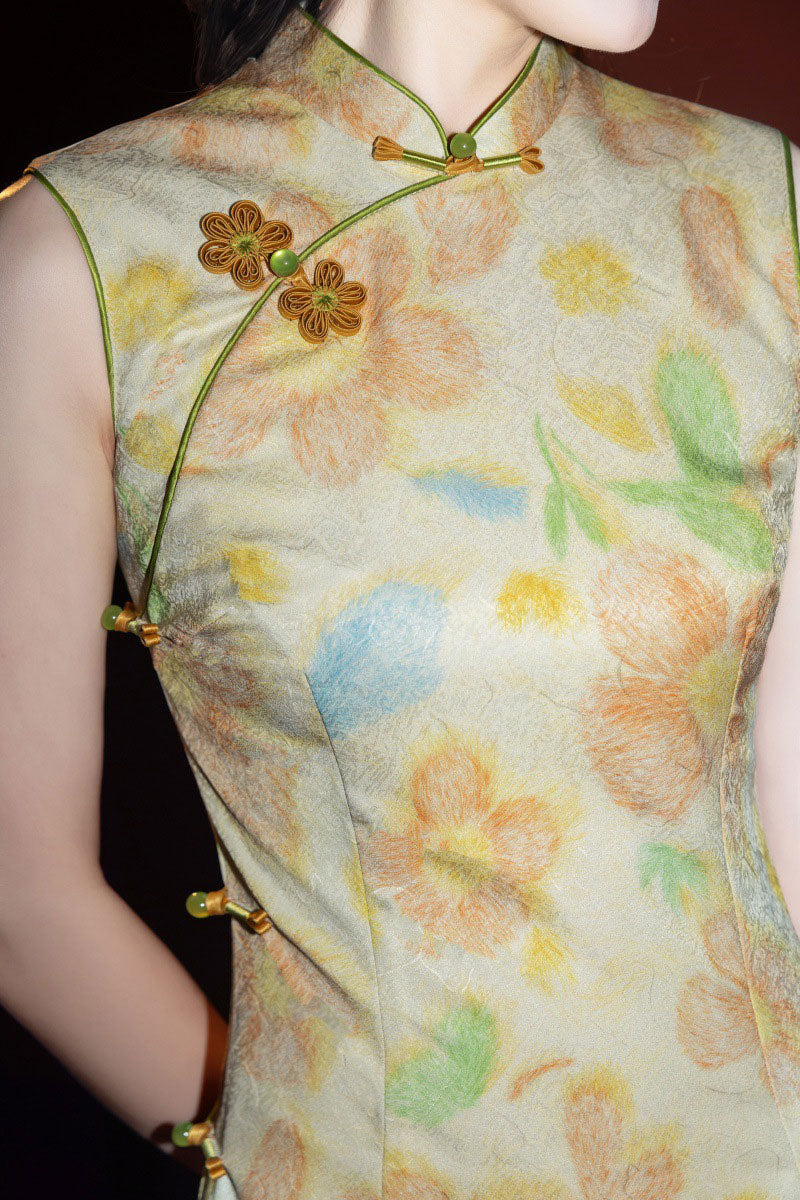 Yellow Floral Print Sleeveless Cheongsam Qipao Dress