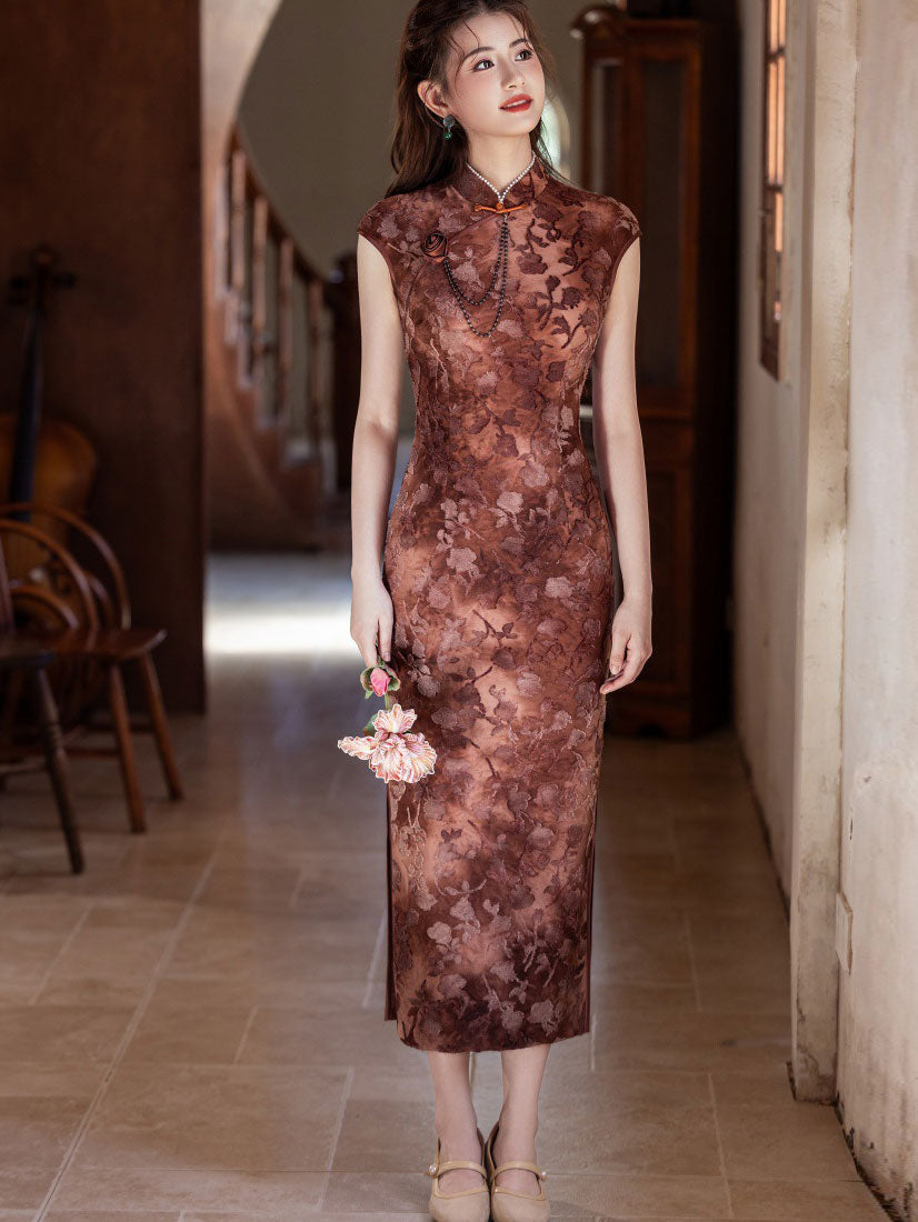 Jacquard Floral Velvet Cheongsam Qipao Dress