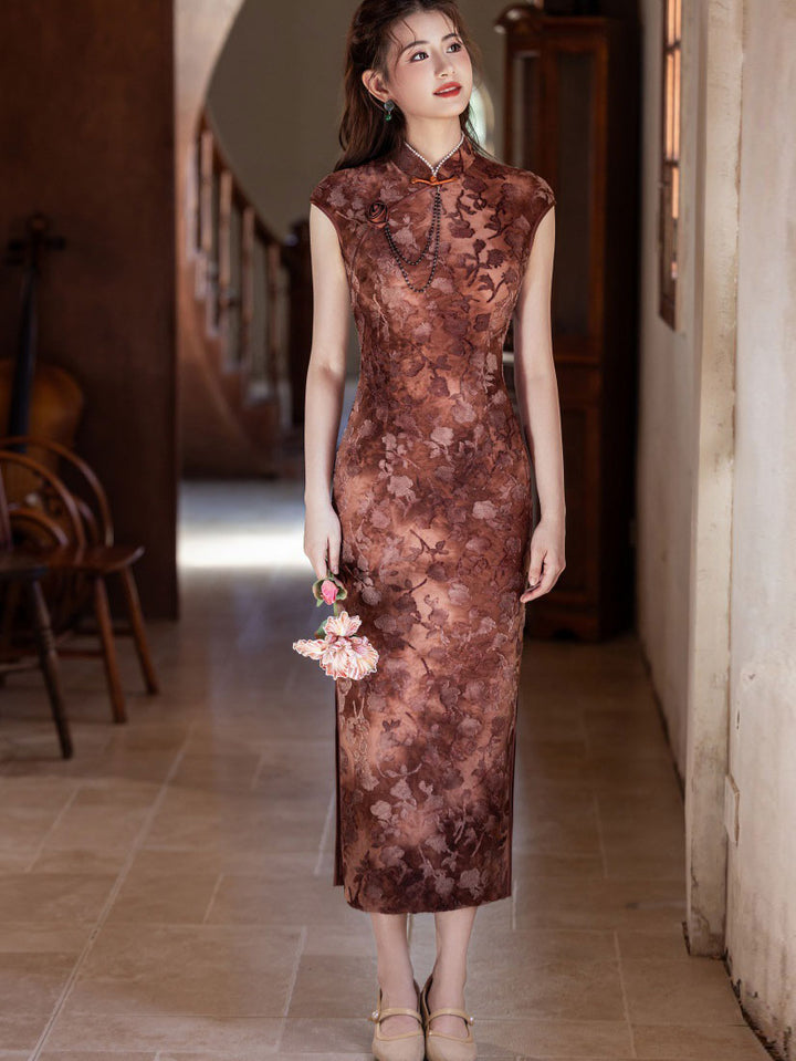Jacquard Floral Velvet Cheongsam Qipao Dress