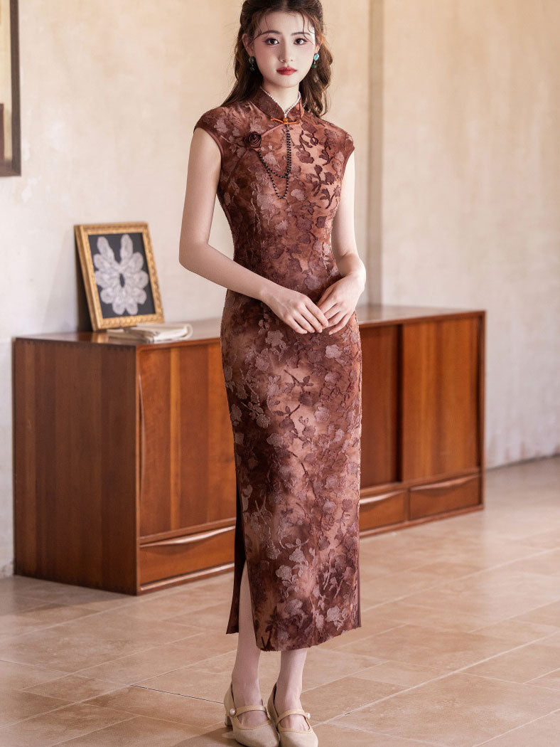 Jacquard Floral Velvet Cheongsam Qipao Dress