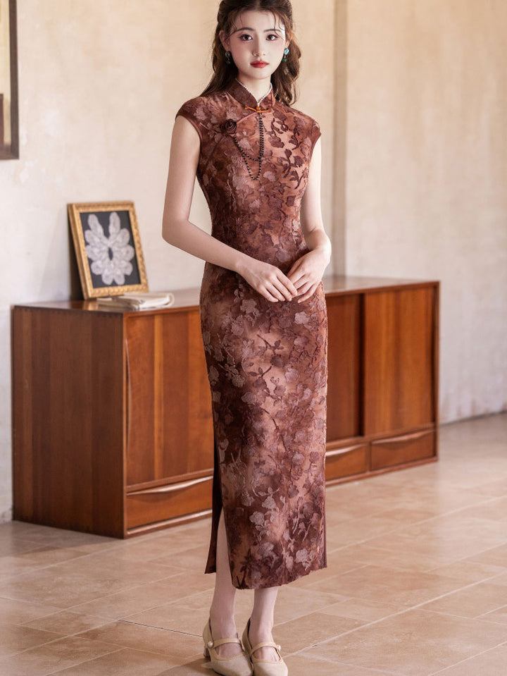 Jacquard Floral Velvet Cheongsam Qipao Dress