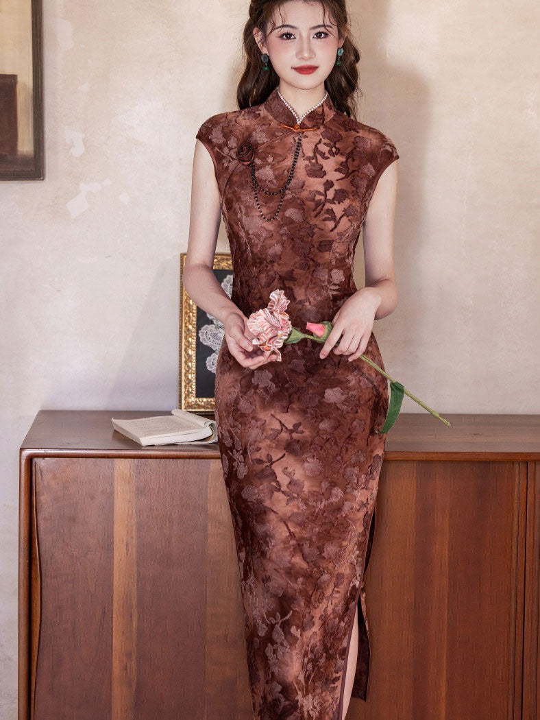Jacquard Floral Velvet Cheongsam Qipao Dress