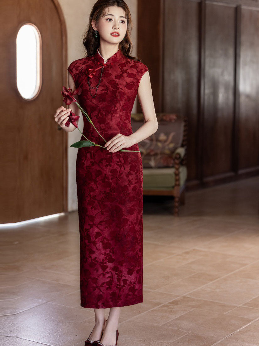 Jacquard Floral Velvet Cheongsam Qipao Dress