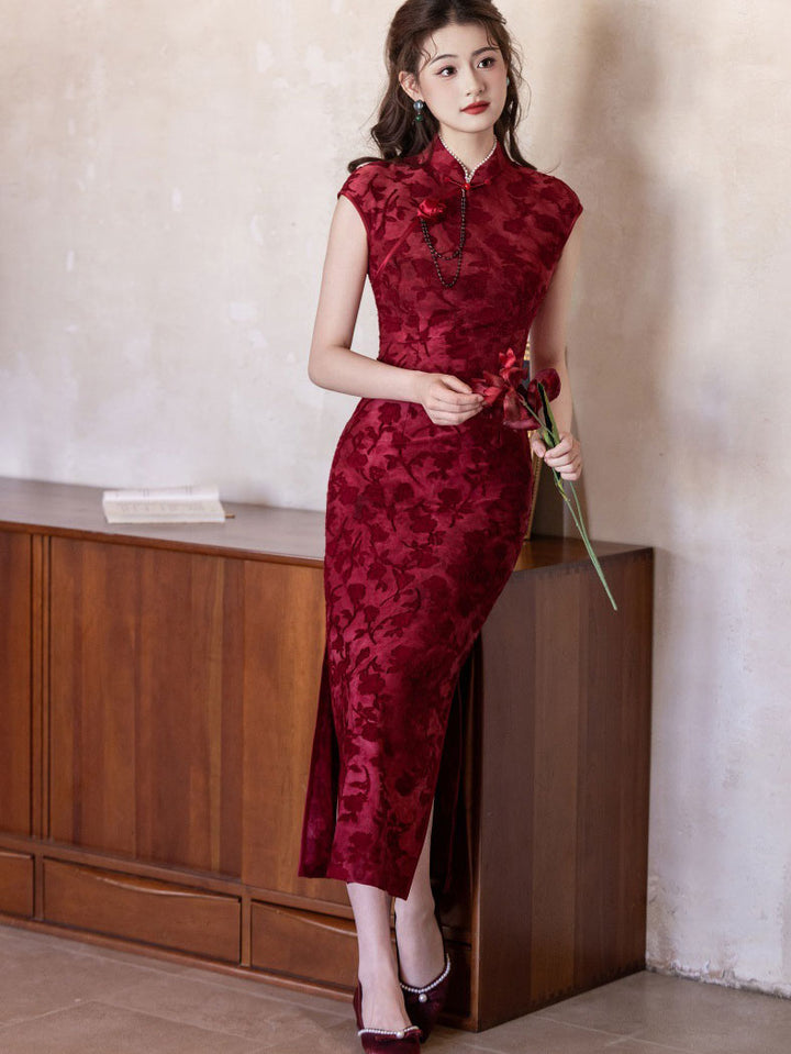 Jacquard Floral Velvet Cheongsam Qipao Dress