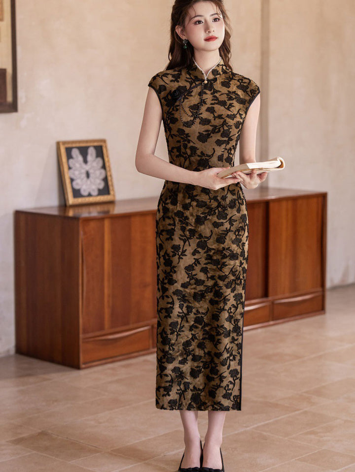 Jacquard Floral Velvet Cheongsam Qipao Dress