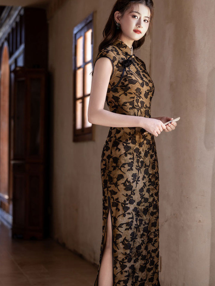 Jacquard Floral Velvet Cheongsam Qipao Dress