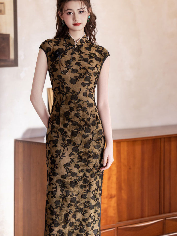 Jacquard Floral Velvet Cheongsam Qipao Dress