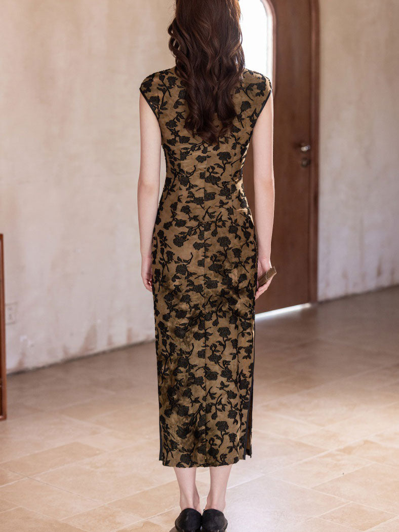Jacquard Floral Velvet Cheongsam Qipao Dress