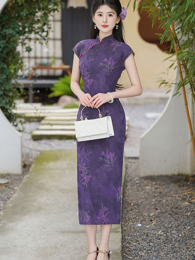 Purple Floral Print Maxi Cheongsam Qipao Dress